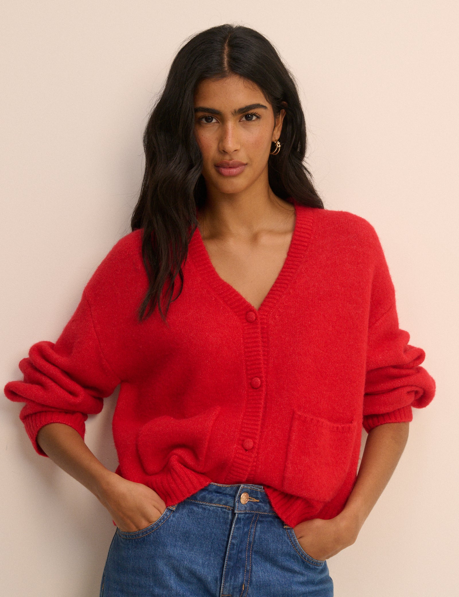 Red Knit Neck Relaxed Cardigan - Image 2