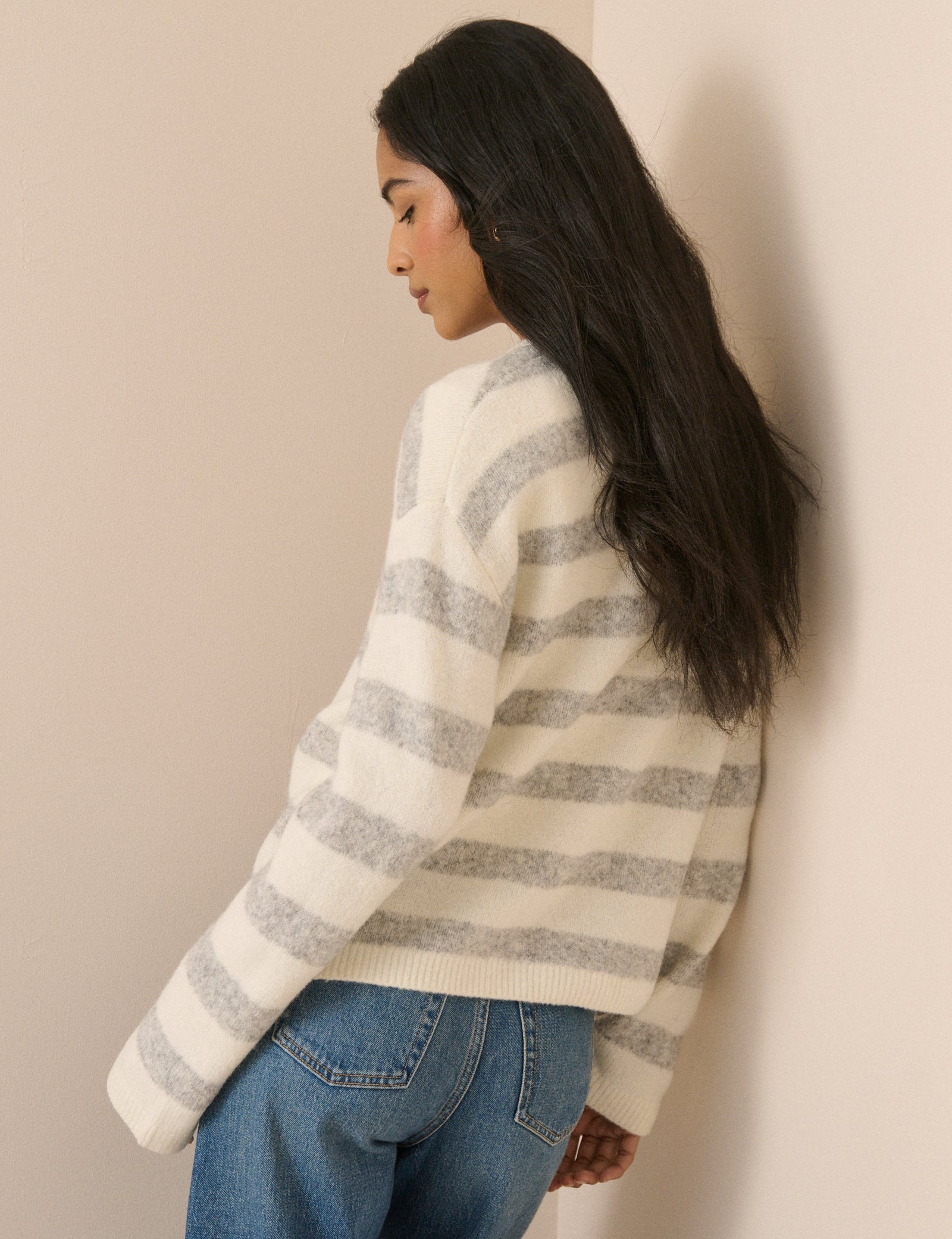 Cream Striped Relaxed Modern Sweater - Image 4