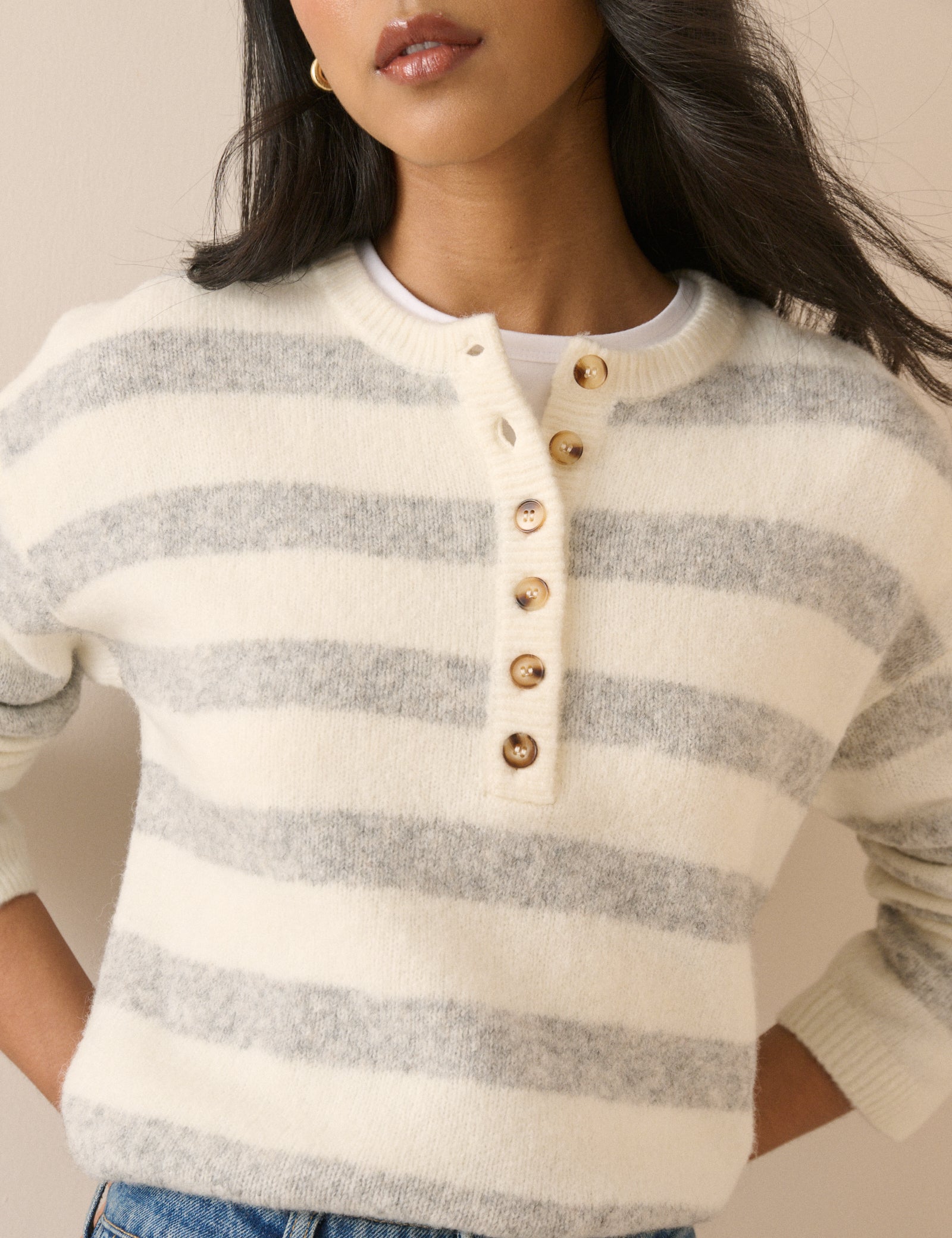 Cream Striped Relaxed Modern Sweater - Image 3