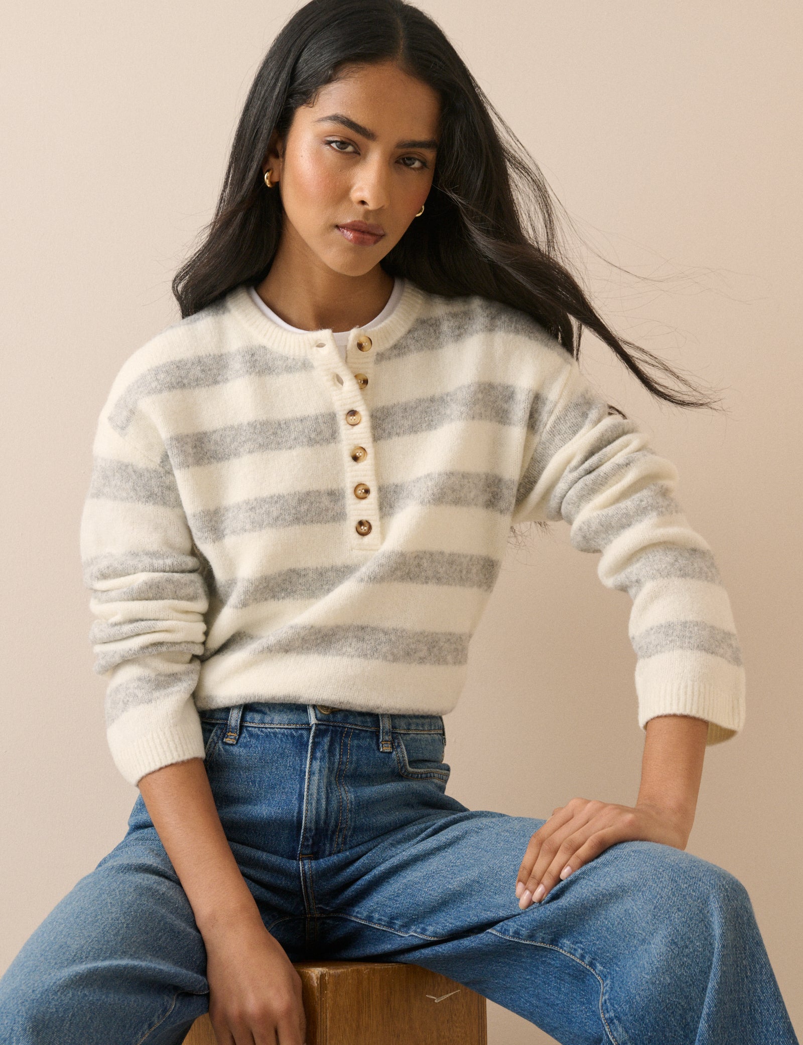 Cream Striped Relaxed Modern Sweater - Image 2