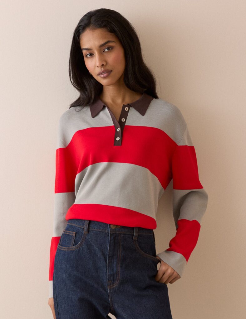Grey Striped Knit Relaxed Collared Top