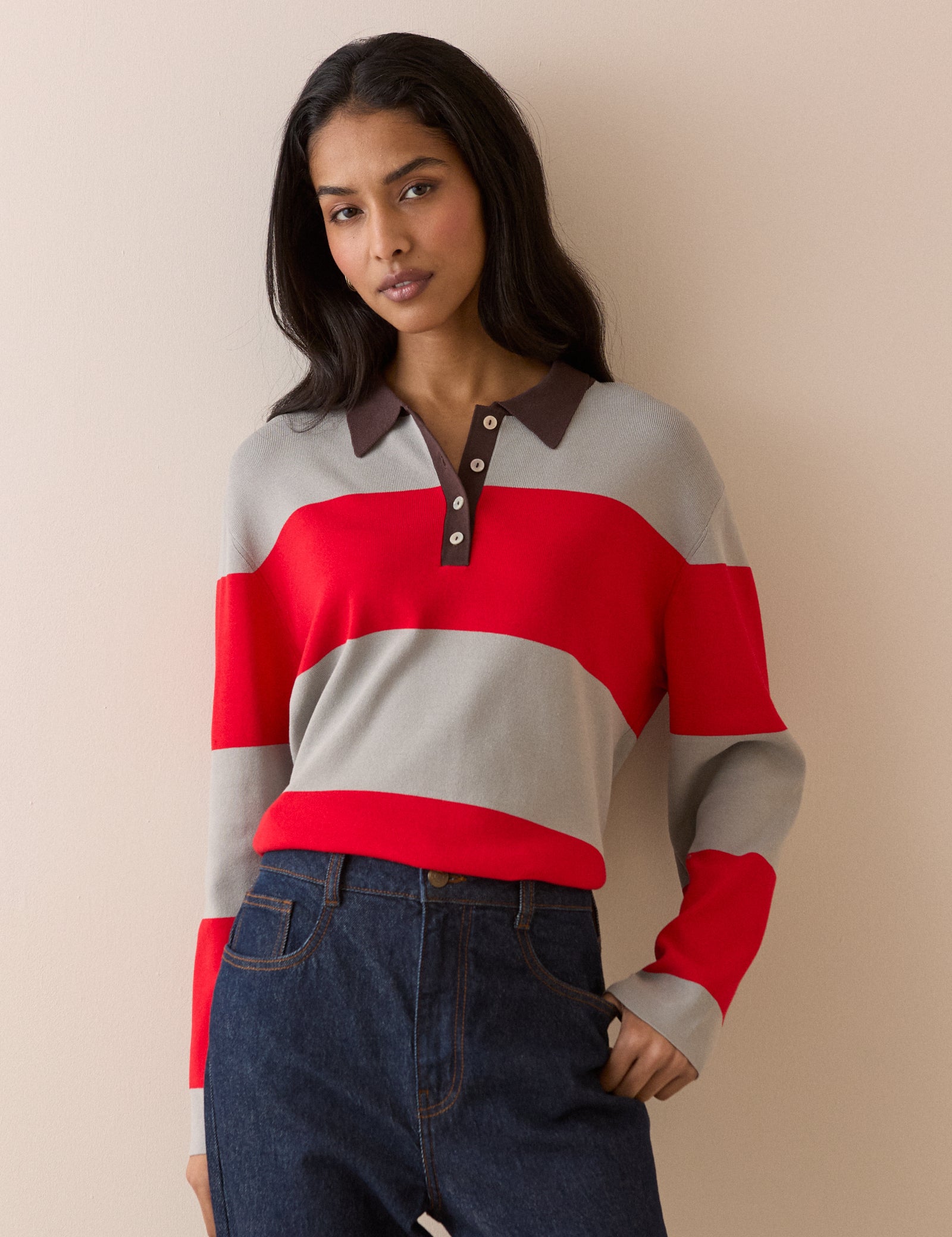 Grey Striped Knit Relaxed Collared Top