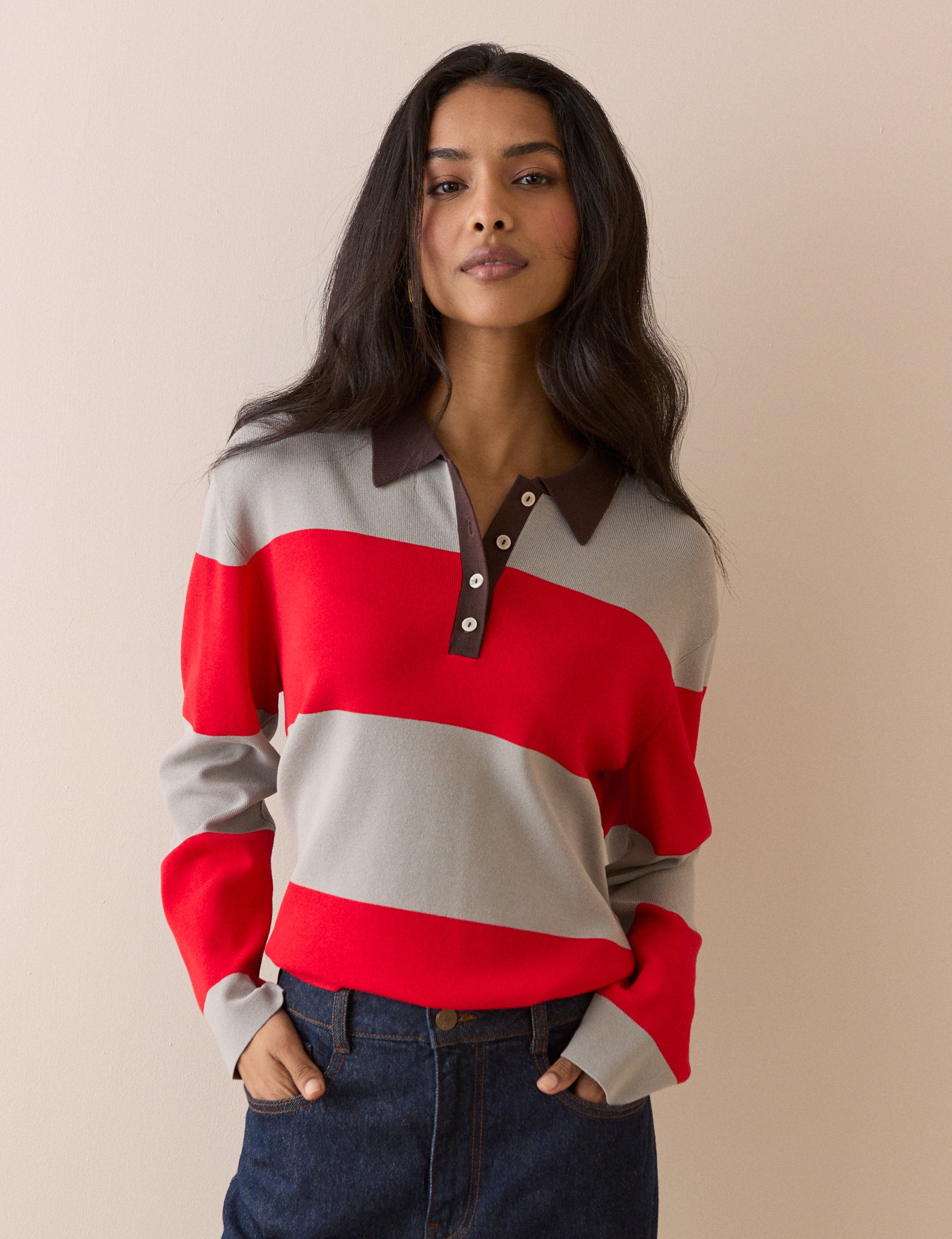 Grey Striped Knit Relaxed Collared Top - Image 3