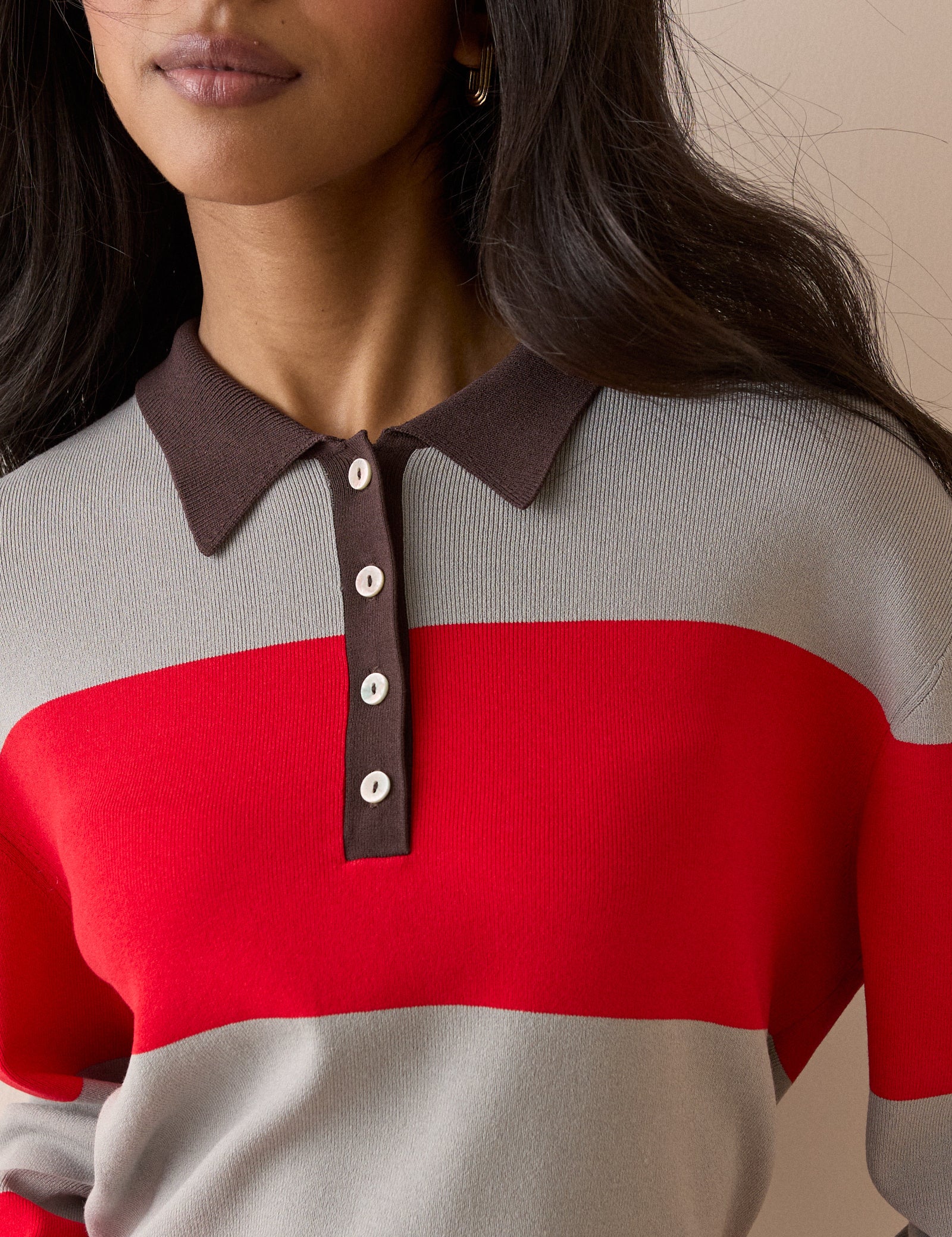 Grey Striped Knit Relaxed Collared Top - Image 4
