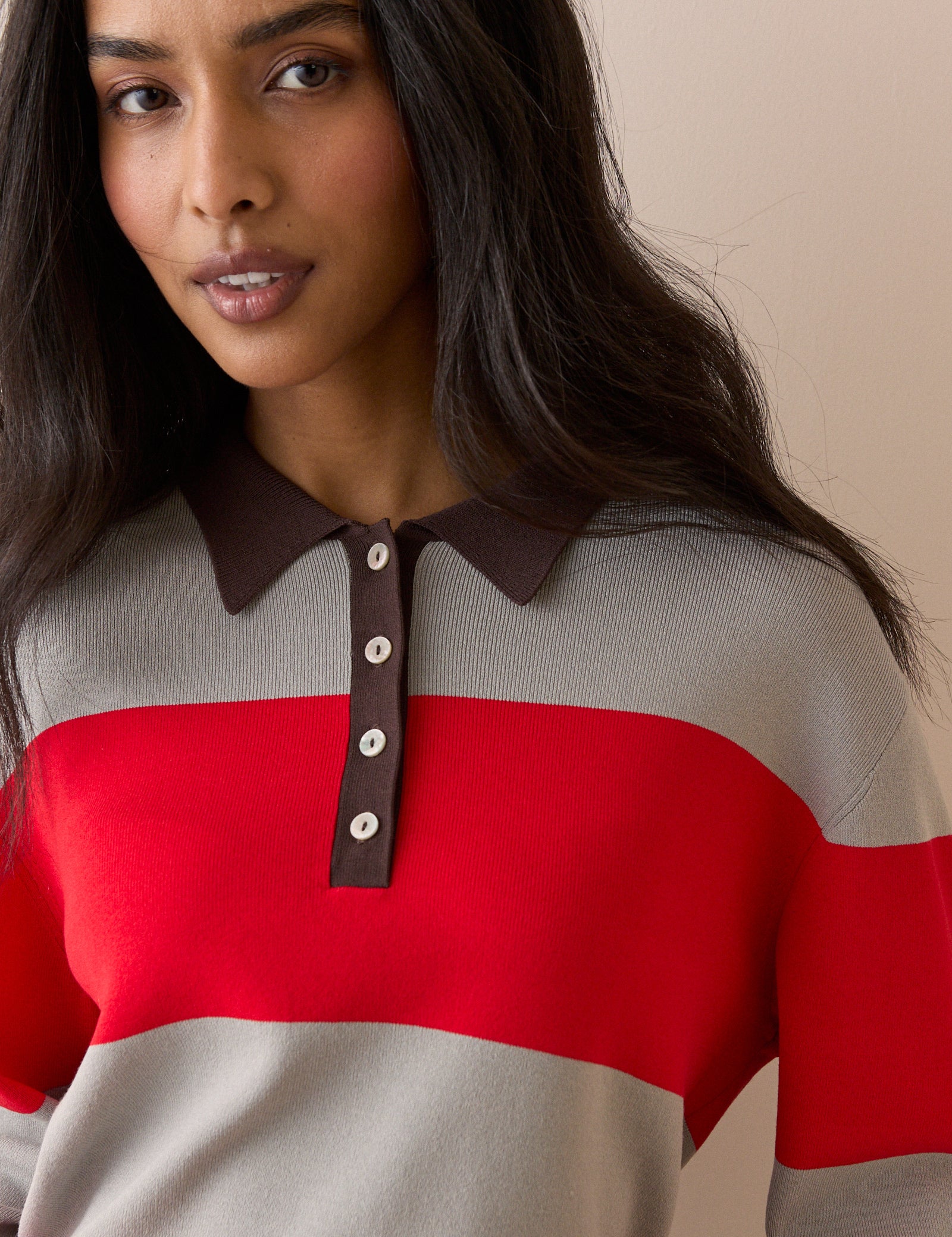 Grey Striped Knit Relaxed Collared Top - Image 2