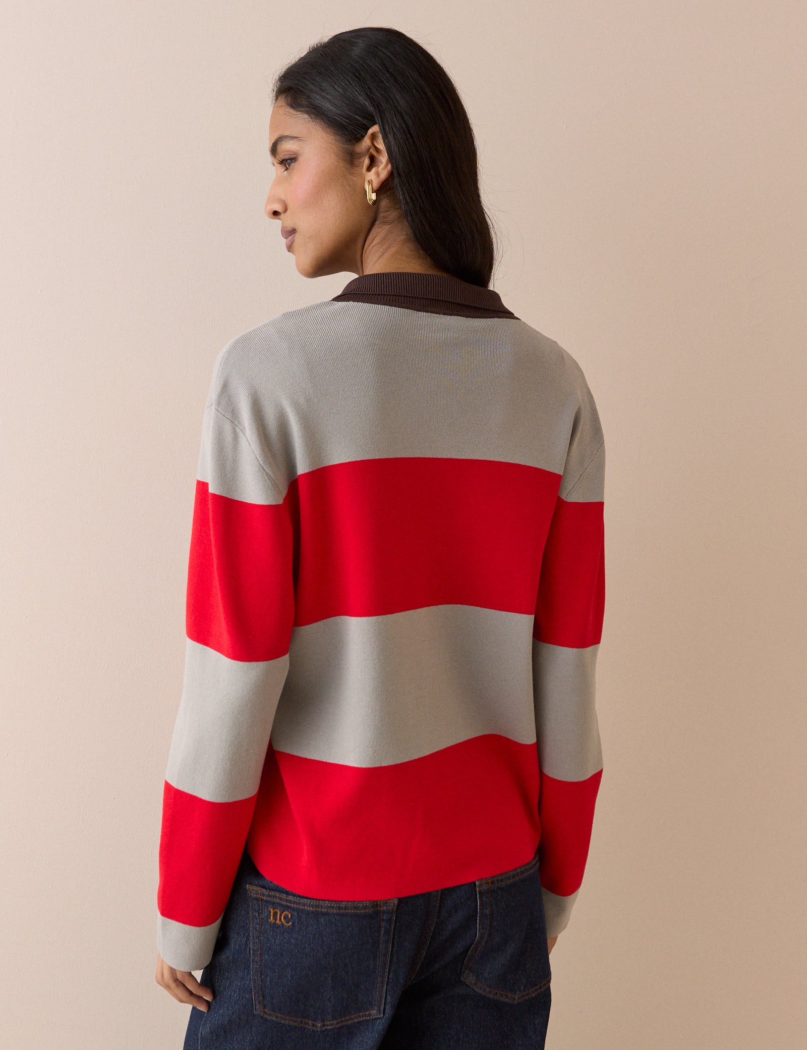Grey Striped Knit Relaxed Collared Top - Image 5