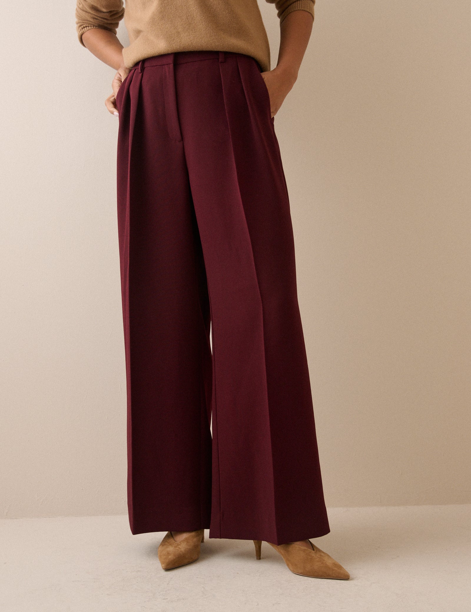 Burgundy Crepe High Waisted Wide Leg Trousers - Image 2