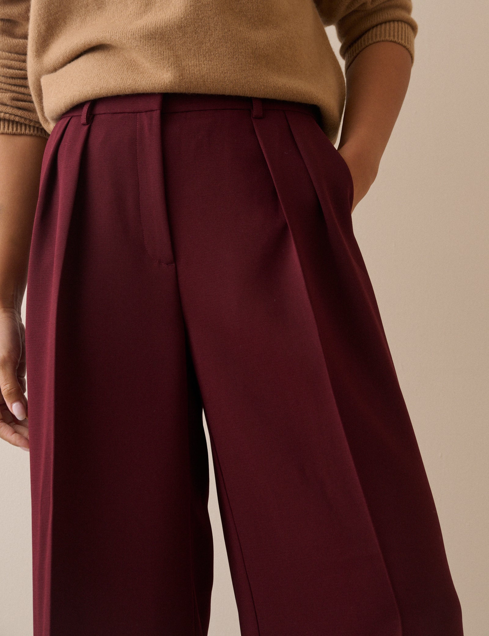 Burgundy Crepe High Waisted Wide Leg Trousers - Image 4