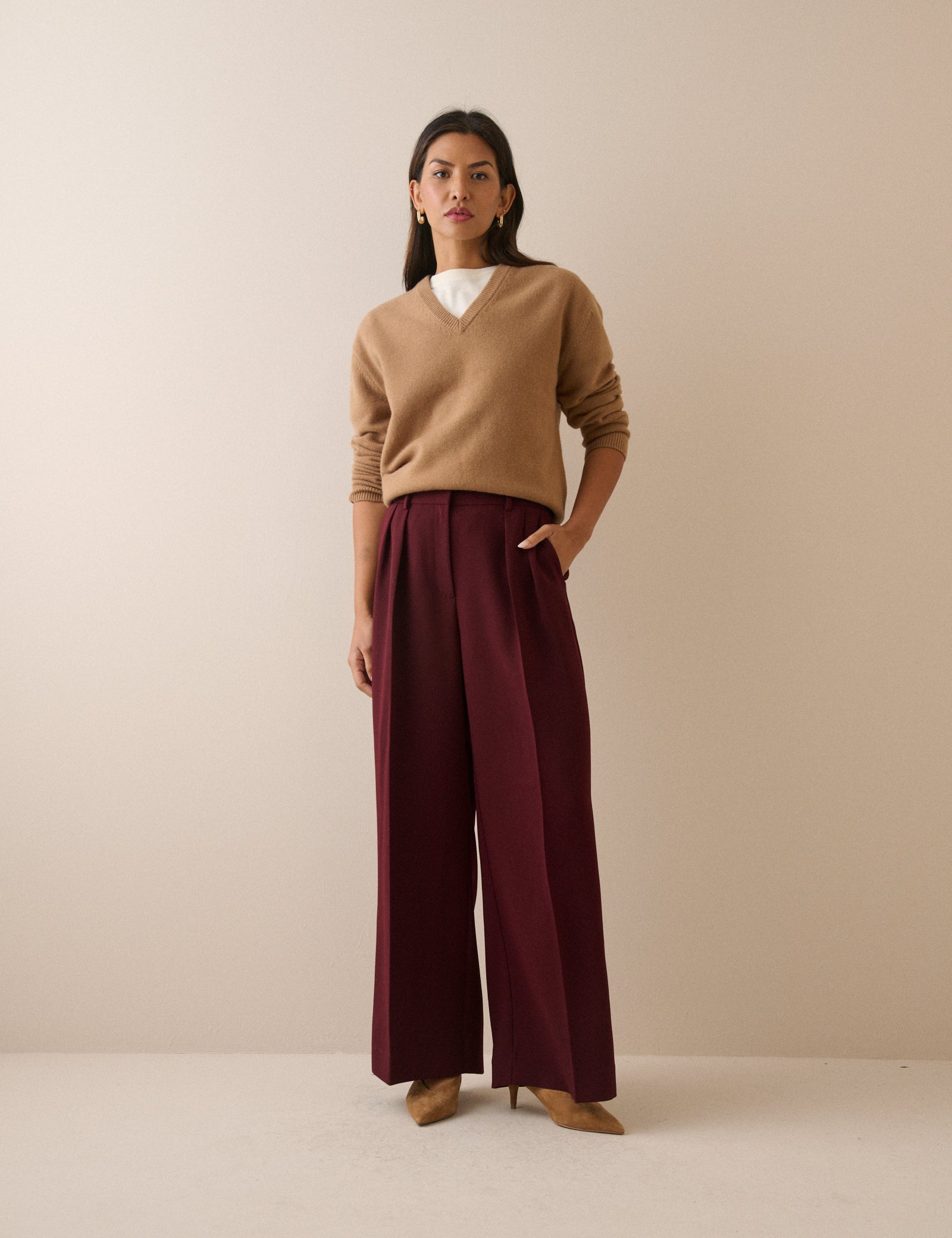 Burgundy Crepe High Waisted Wide Leg Trousers - Image 3