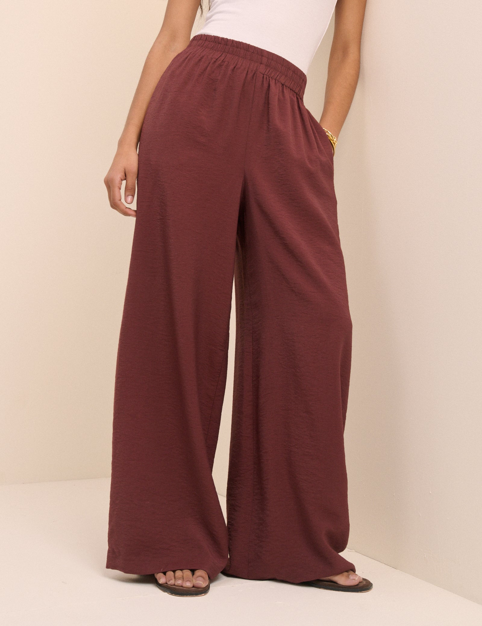 Burgundy High Waisted Wide Leg Trousers - Image 2
