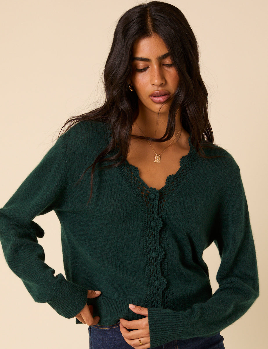 Green Wool Blend Neck Relaxed Cardigan - Image 2