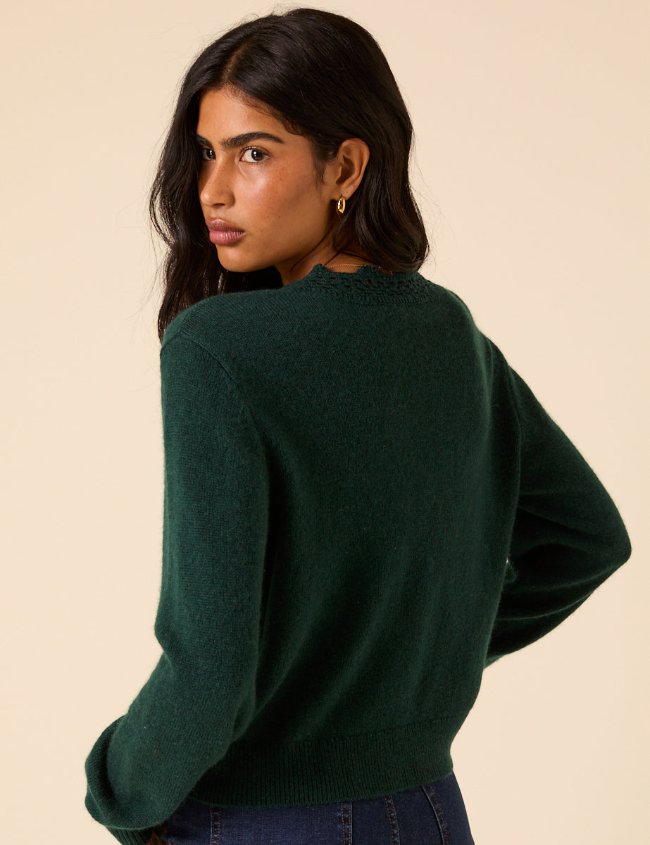 Green Wool Blend Neck Relaxed Cardigan - Image 5