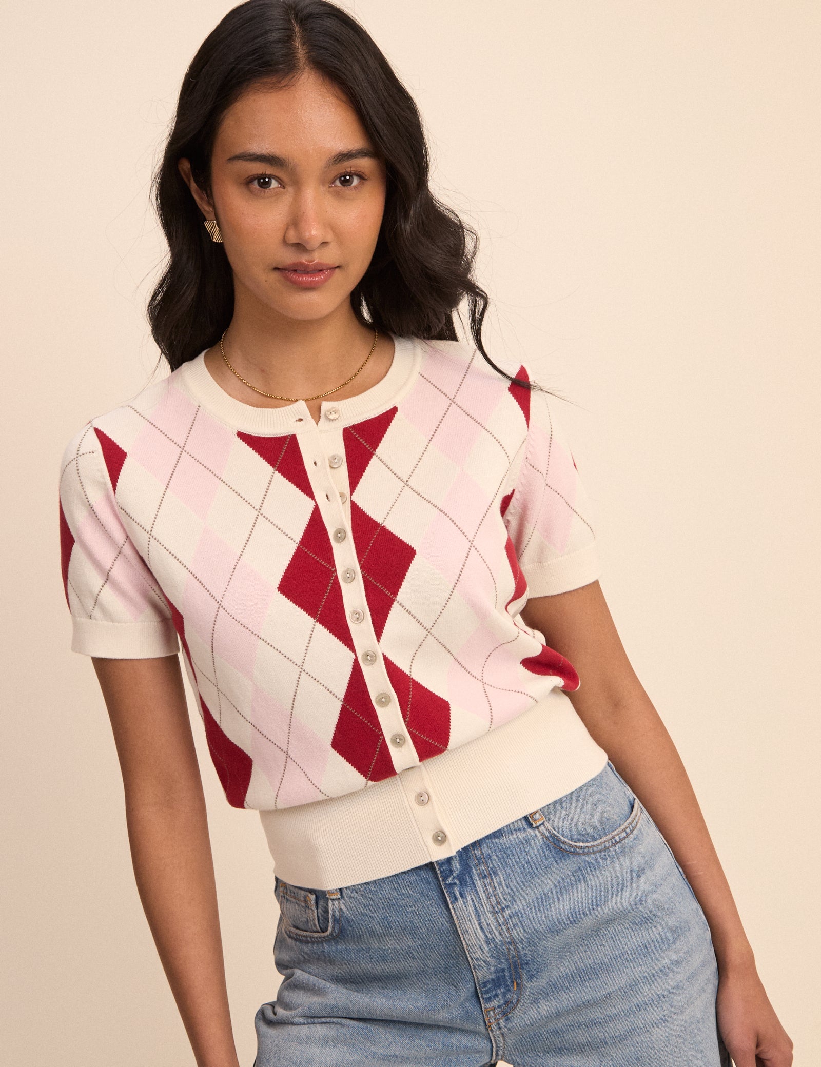 Pink Checked Knit Polished Shorts