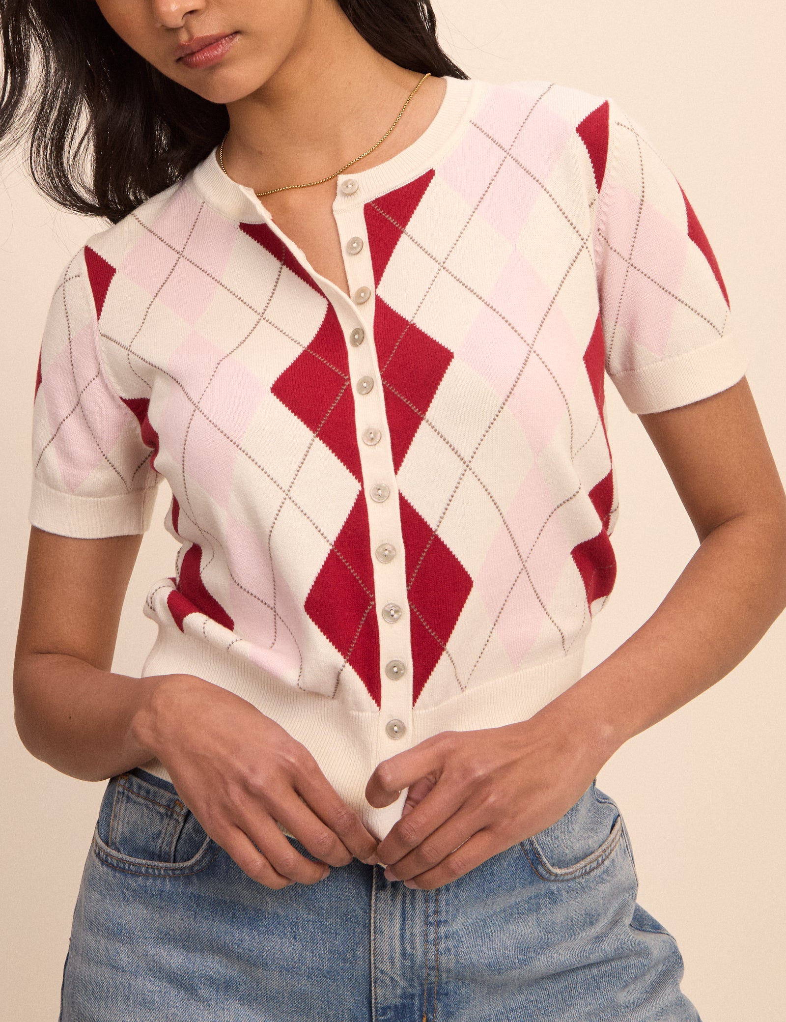 Pink Checked Knit Polished Shorts - Image 3
