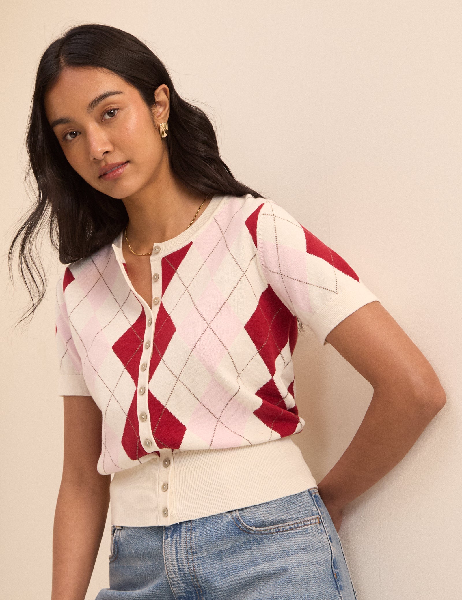 Pink Checked Knit Polished Shorts - Image 4