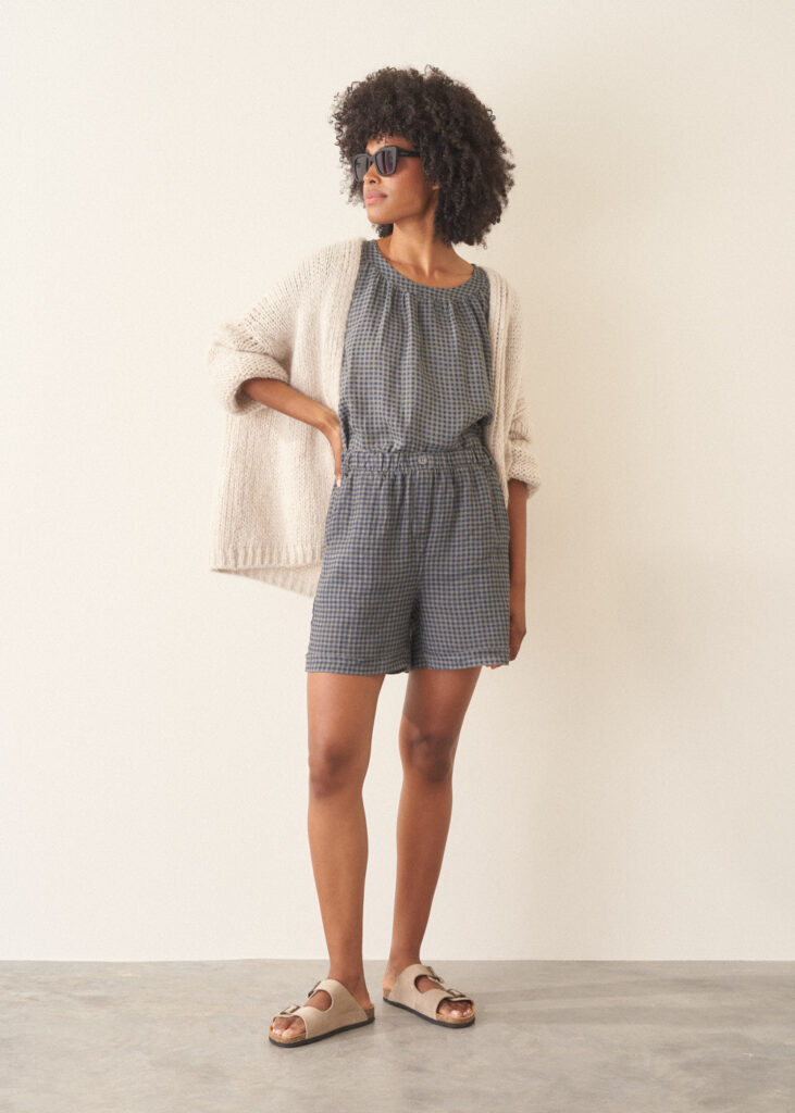 Navy Checked Linen Shorts