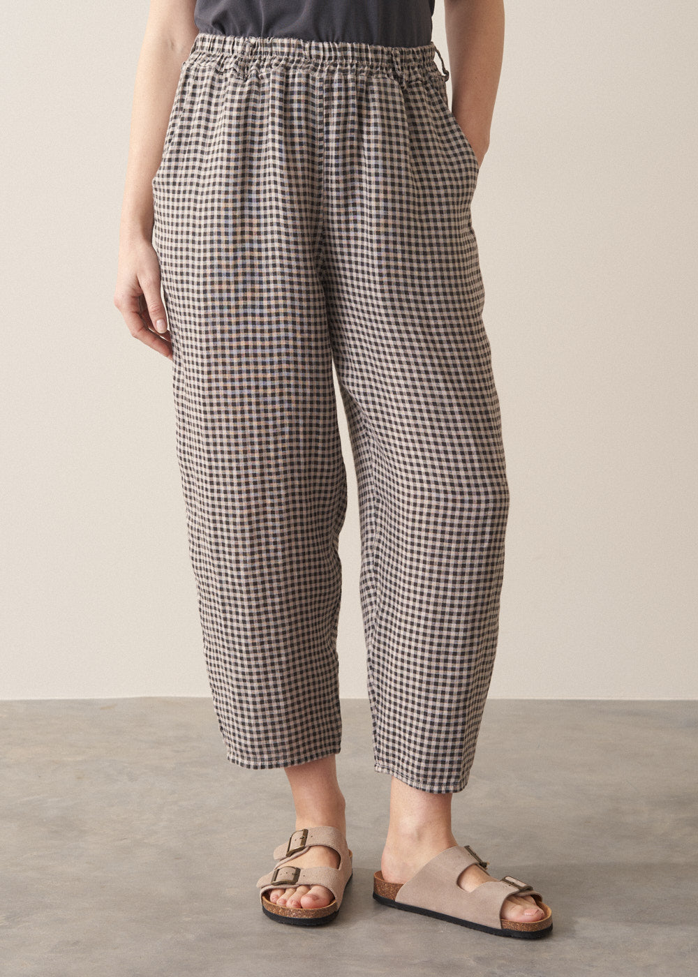 Relaxed Natural Checked Linen Trousers - Image 2