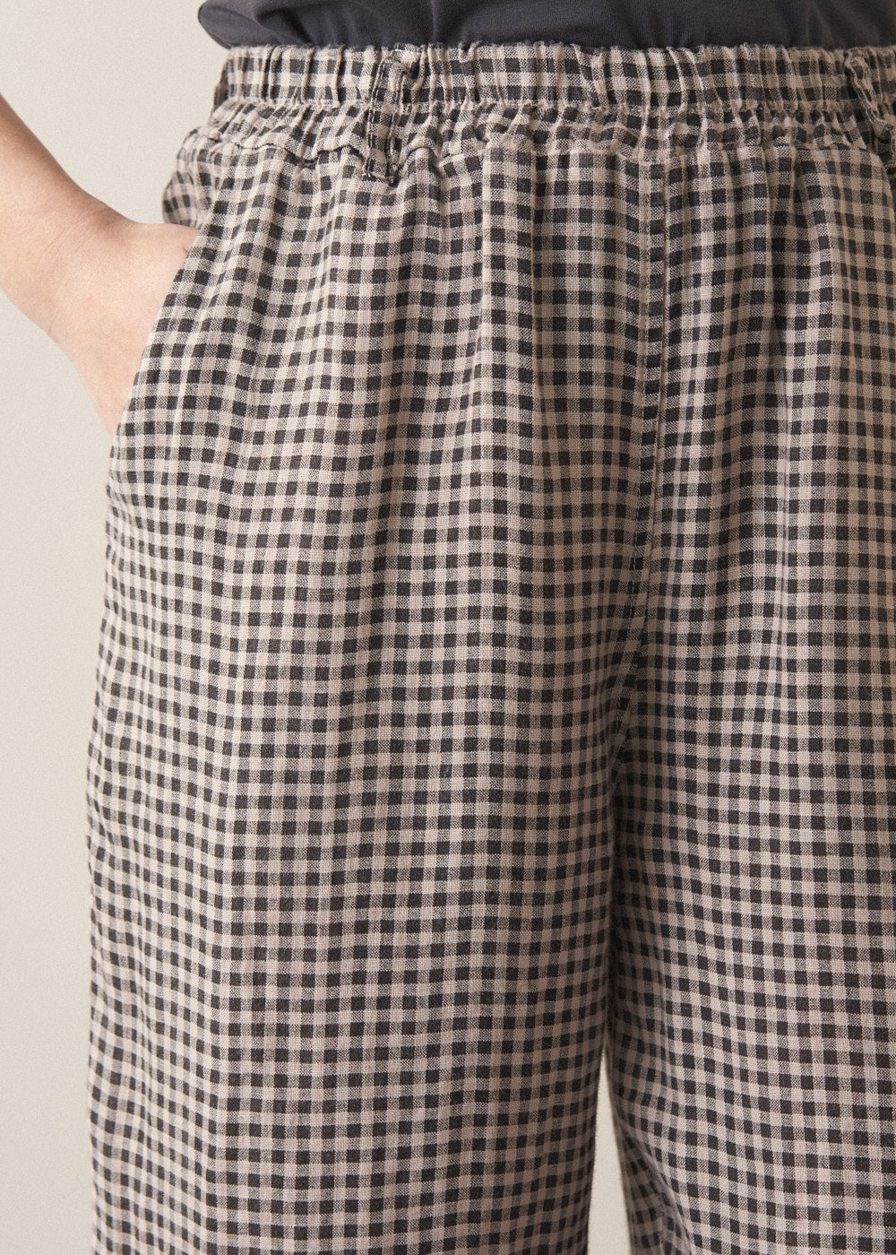 Relaxed Natural Checked Linen Trousers - Image 6