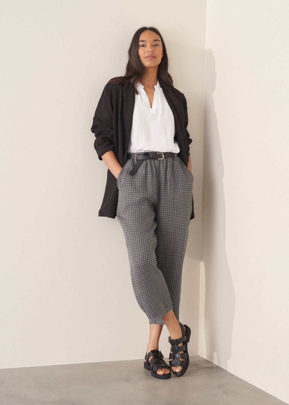 Refined Navy Checked Linen Trousers - Image 5