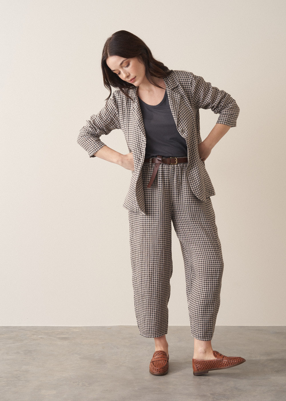 Relaxed Natural Checked Linen Trousers - Image 7