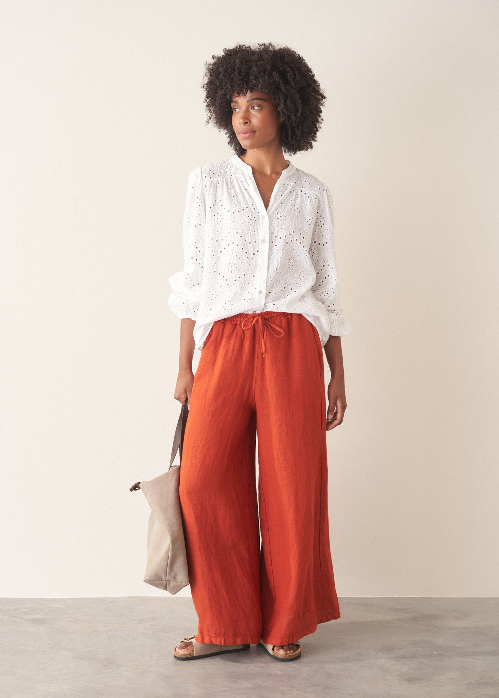 Burnt Orange Drawstring Linen Trousers - Image 5
